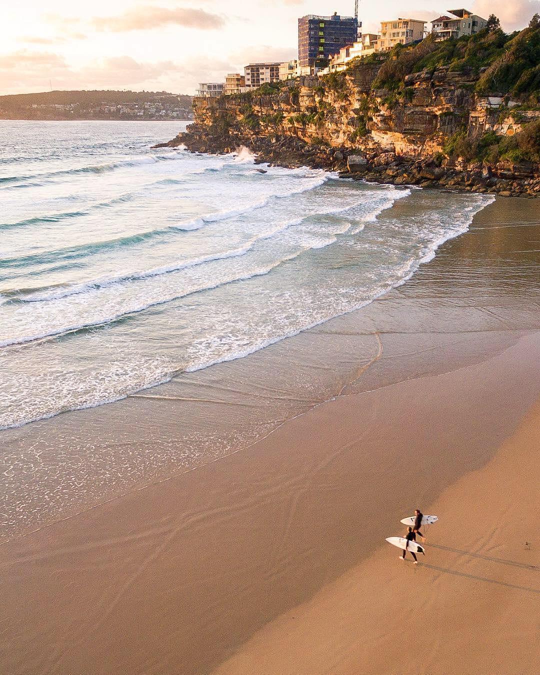 freshwater beach at sunset, looking down from the headland